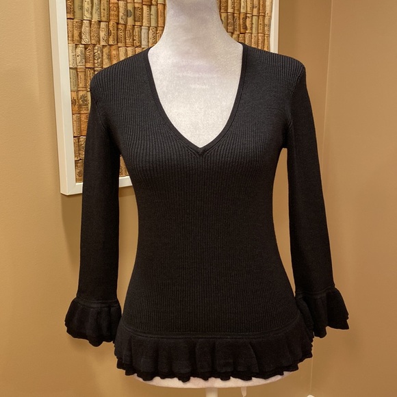 Esther Chen Black Ribbed Top.  Silk, Nylon and Spandex.  Ruffled detail - Picture 5 of 16